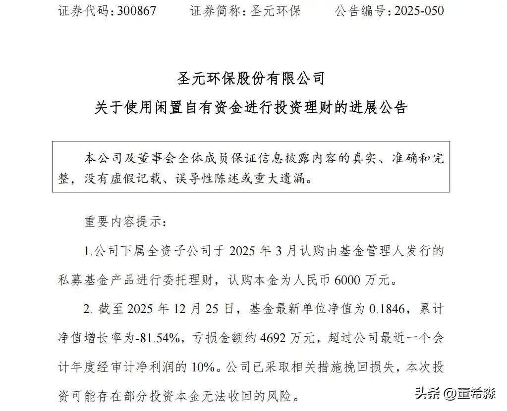 圣元环保6000万理财亏损案例_失败的理财案例_上市公司私募基金投资风险